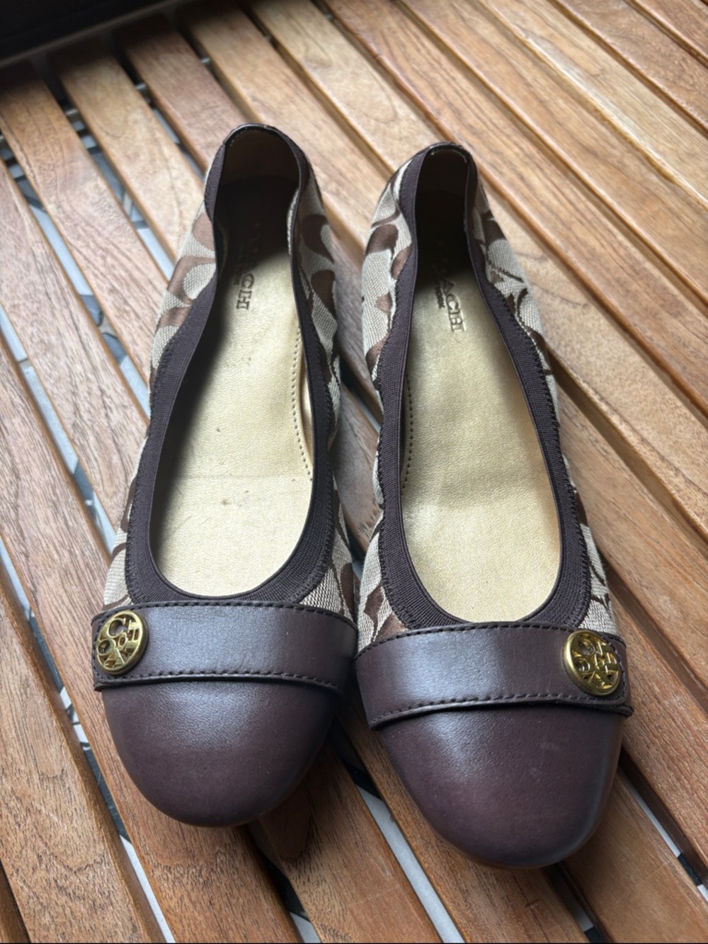 Coach Brown Signature Canvas & Leather Ballet Flats with Gold Logo